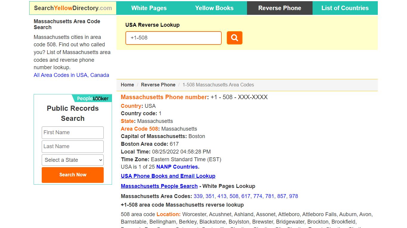 Massachusetts Area Code 508 Reverse Phone Number Lookup
